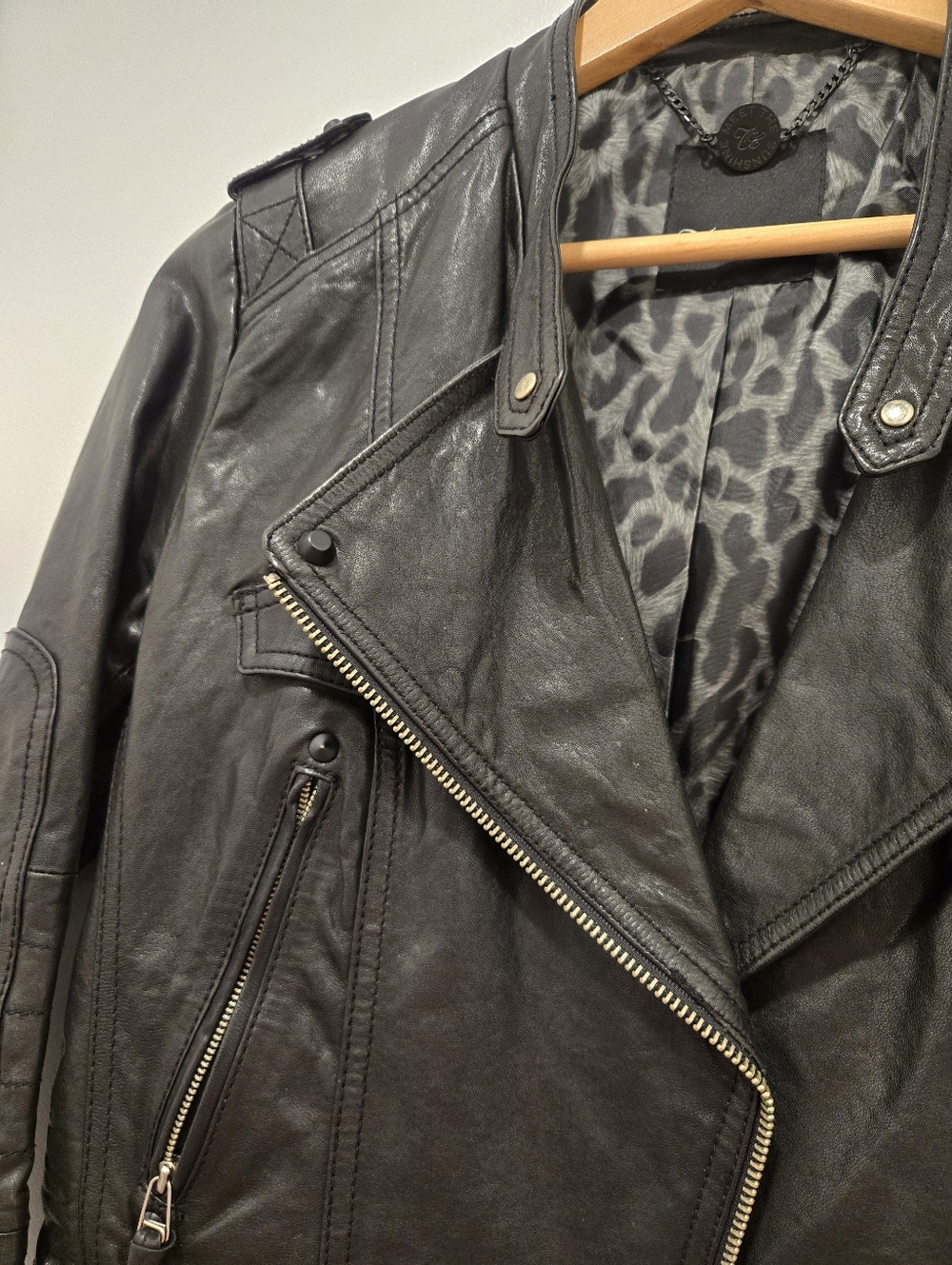 Black Leather Moto Biker Jacket with Leopard Lining